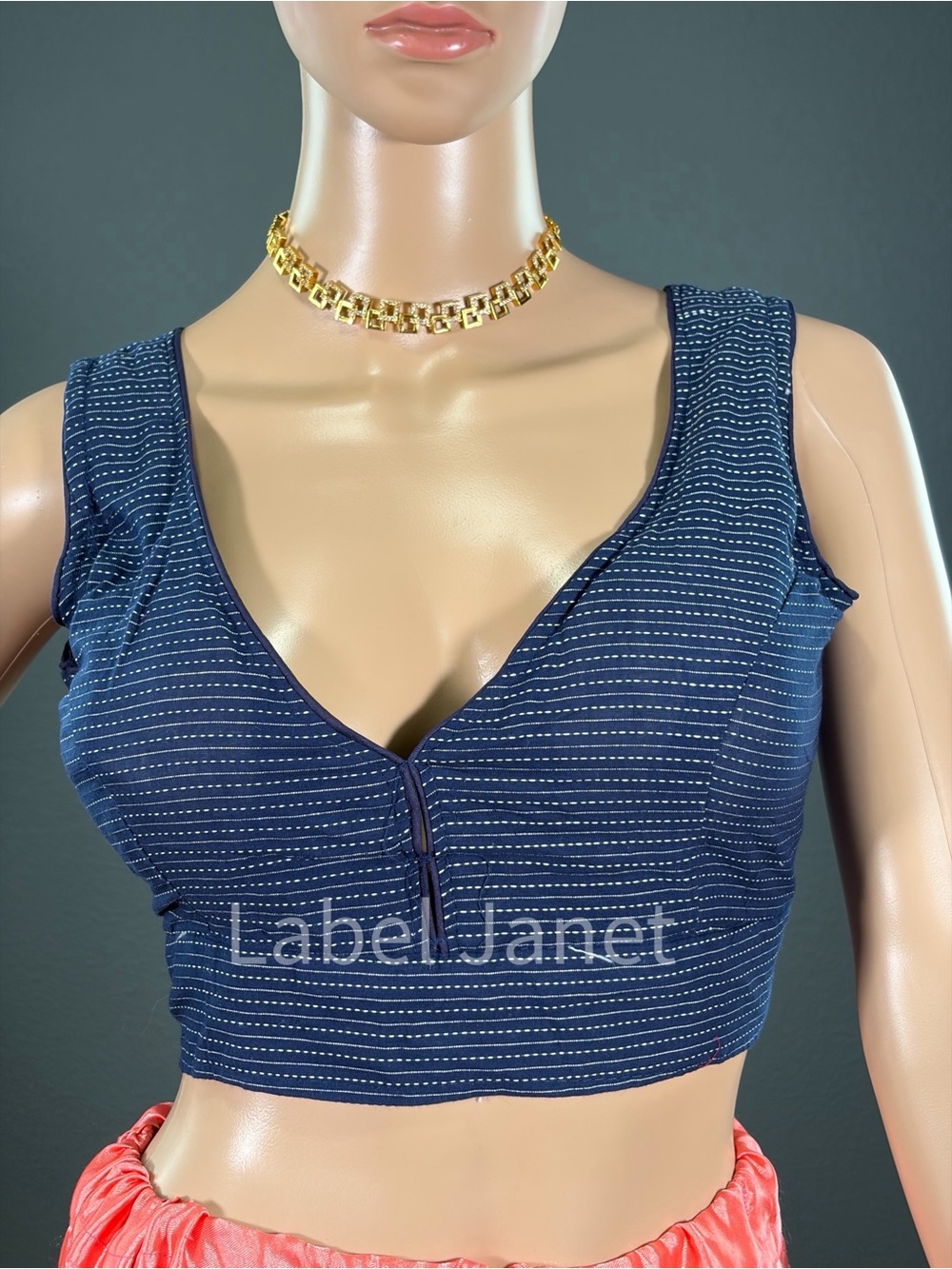 Navy Striped V-Neck Ready made blouse for saree(Bust - 38” - 40) Brand New
